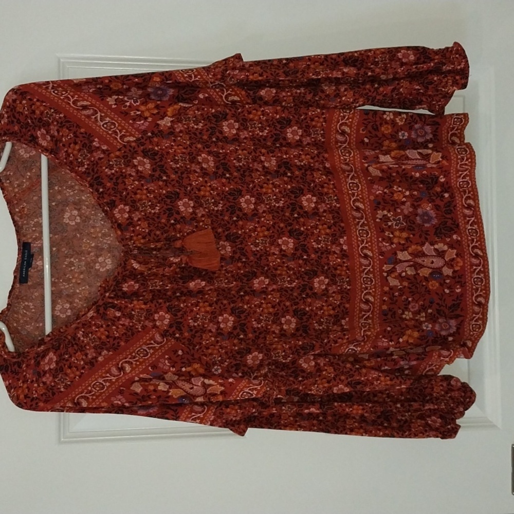 American Eagle Red Orange Boho Floral Long Sleeve Ruffle Blouse size Medium
